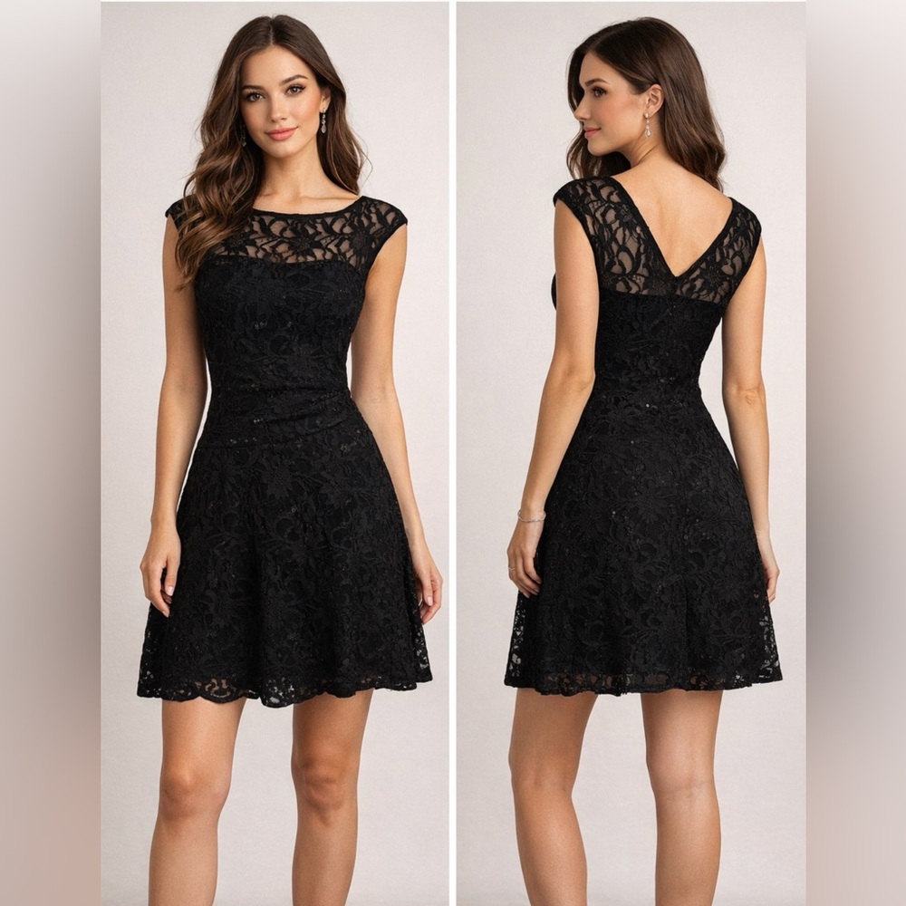 Ralph Lauren  Dress 4 Black Sequin Stretch Lace Party Cruise Wedding Date V Back